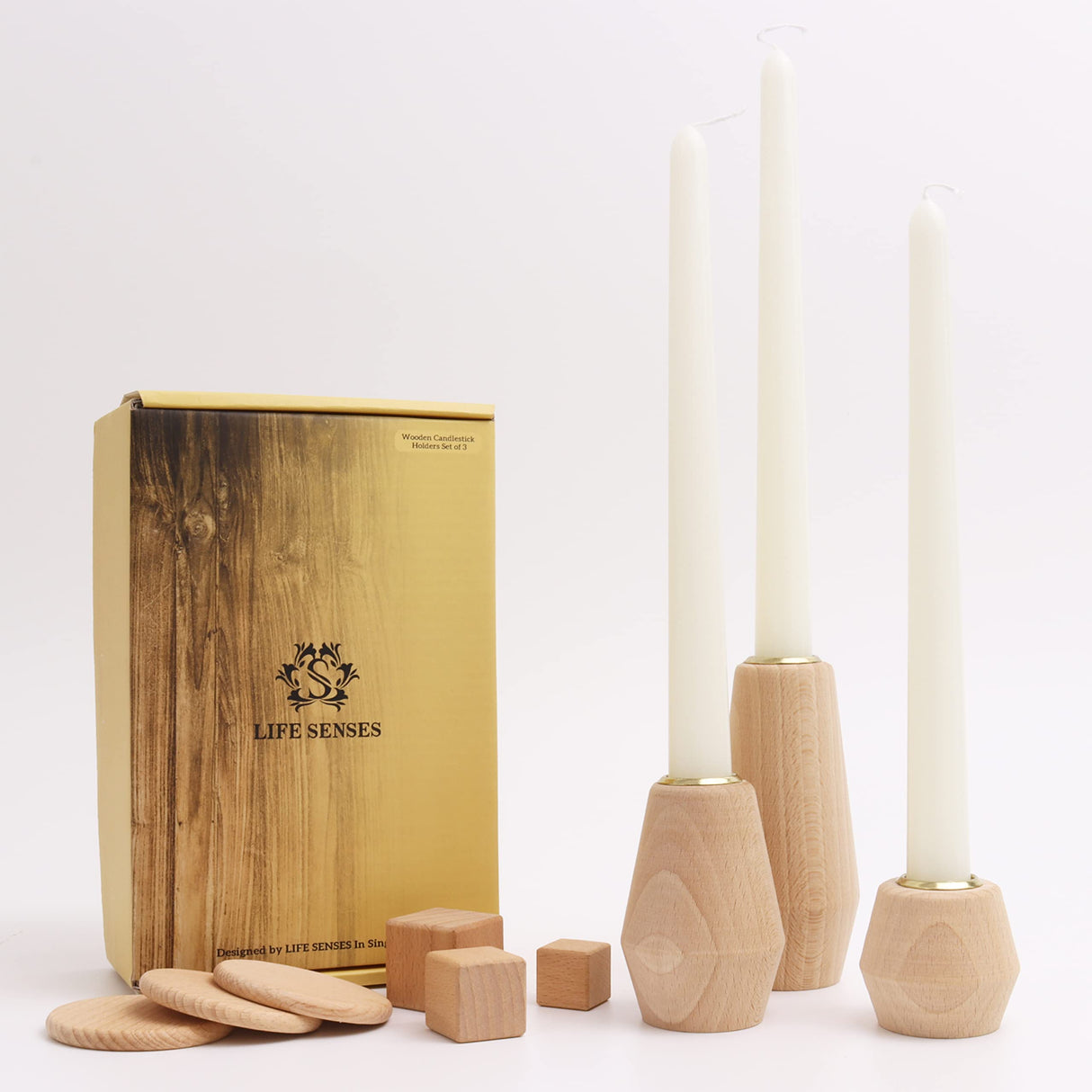 Wooden Candlestick Holders for Taper Candles Set of 3 | Luxury Wood Candle Holders with Gold Cups and Decorative Wooden Cubes | Fireplace Candle Holder | Console Table Decoration Pieces LIFE SENSES