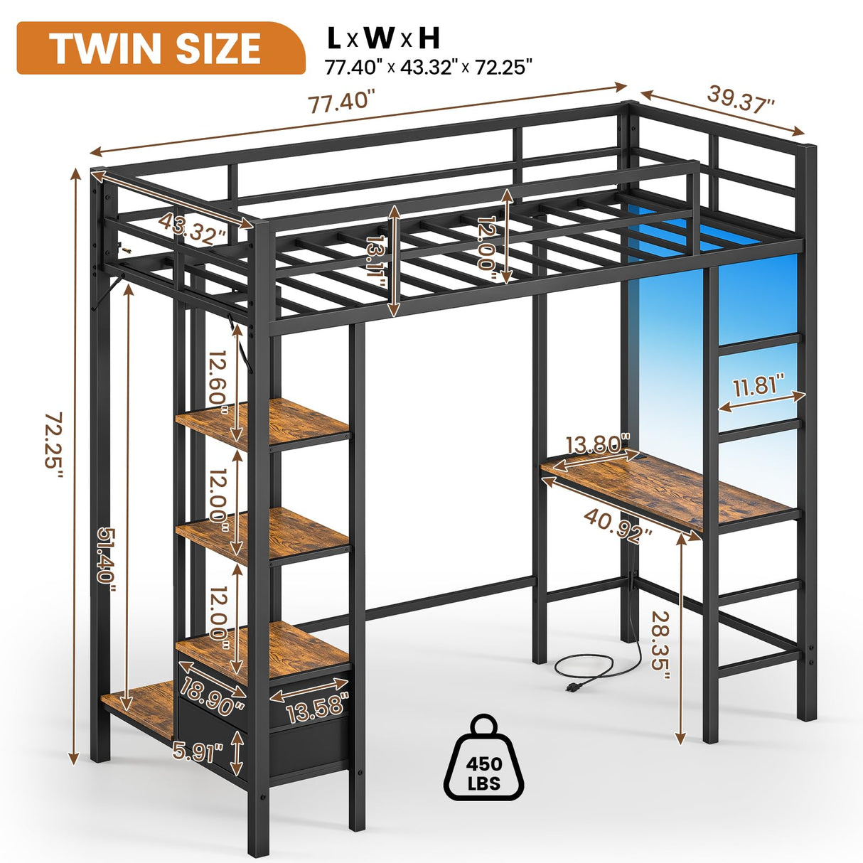 Hasuit Loft Bed Twin Size with Desk and Charging Station Metal Twin Loft Bed with LED Lights, 4 Storage Shelves & 2 Fabric Drawers, Twin Size Loft Bed with Safety Guard, Clothes Rail & Ladder, Black Hasuit