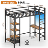 Hasuit Loft Bed Twin Size with Desk and Charging Station Metal Twin Loft Bed with LED Lights, 4 Storage Shelves & 2 Fabric Drawers, Twin Size Loft Bed with Safety Guard, Clothes Rail & Ladder, Black Hasuit