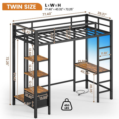 Hasuit Loft Bed Twin Size with Desk and Charging Station Metal Twin Loft Bed with LED Lights, 4 Storage Shelves & 2 Fabric Drawers, Twin Size Loft Bed with Safety Guard, Clothes Rail & Ladder, Black