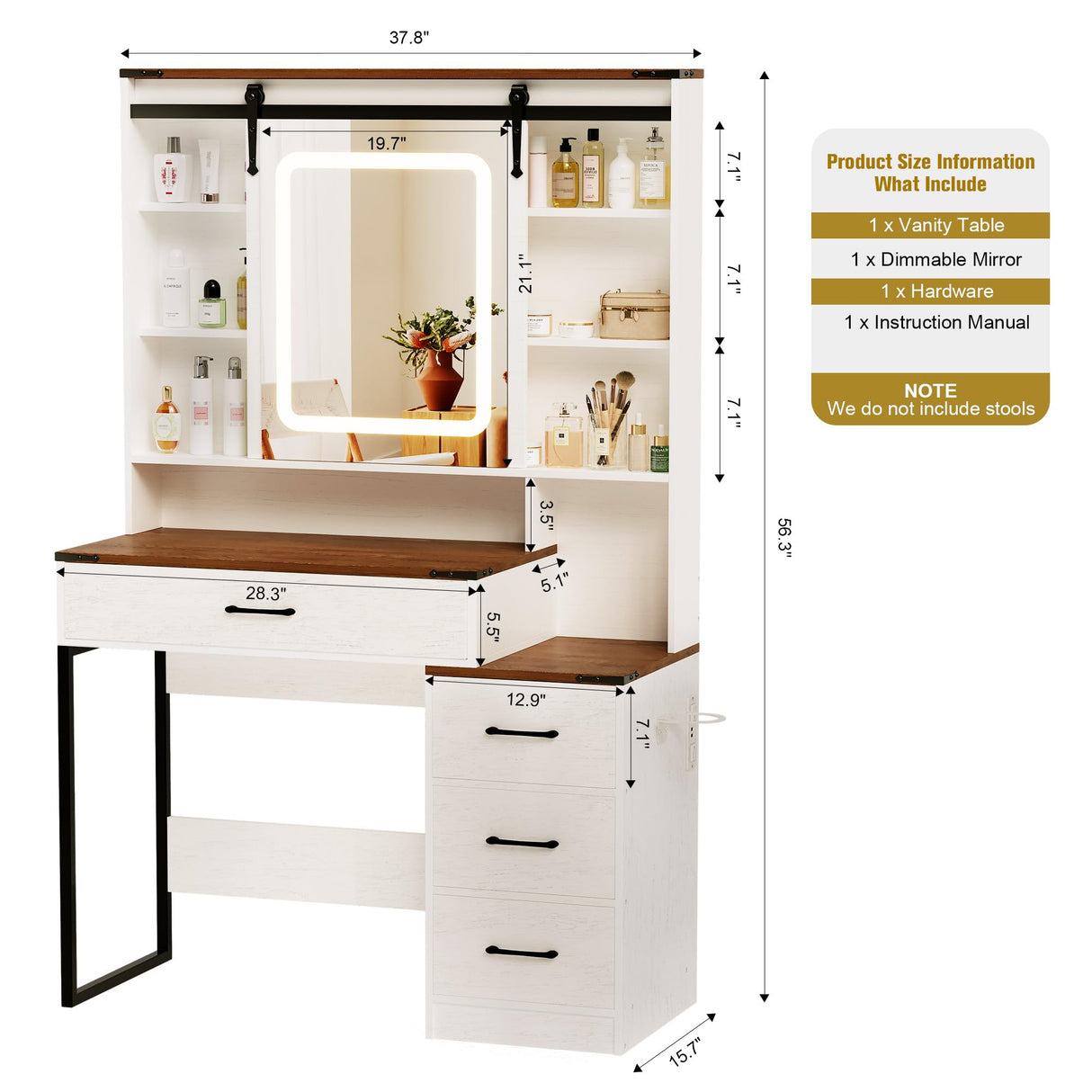 NUNU LAB Farmhouse Women Vanity Desk with Sliding Mirror and Lights, Rustic Big Makeup Table with Charging Station, Drawers, Cabinets, and Adjustable Shelves for Bedroom 42'', Brown NUNU LAB