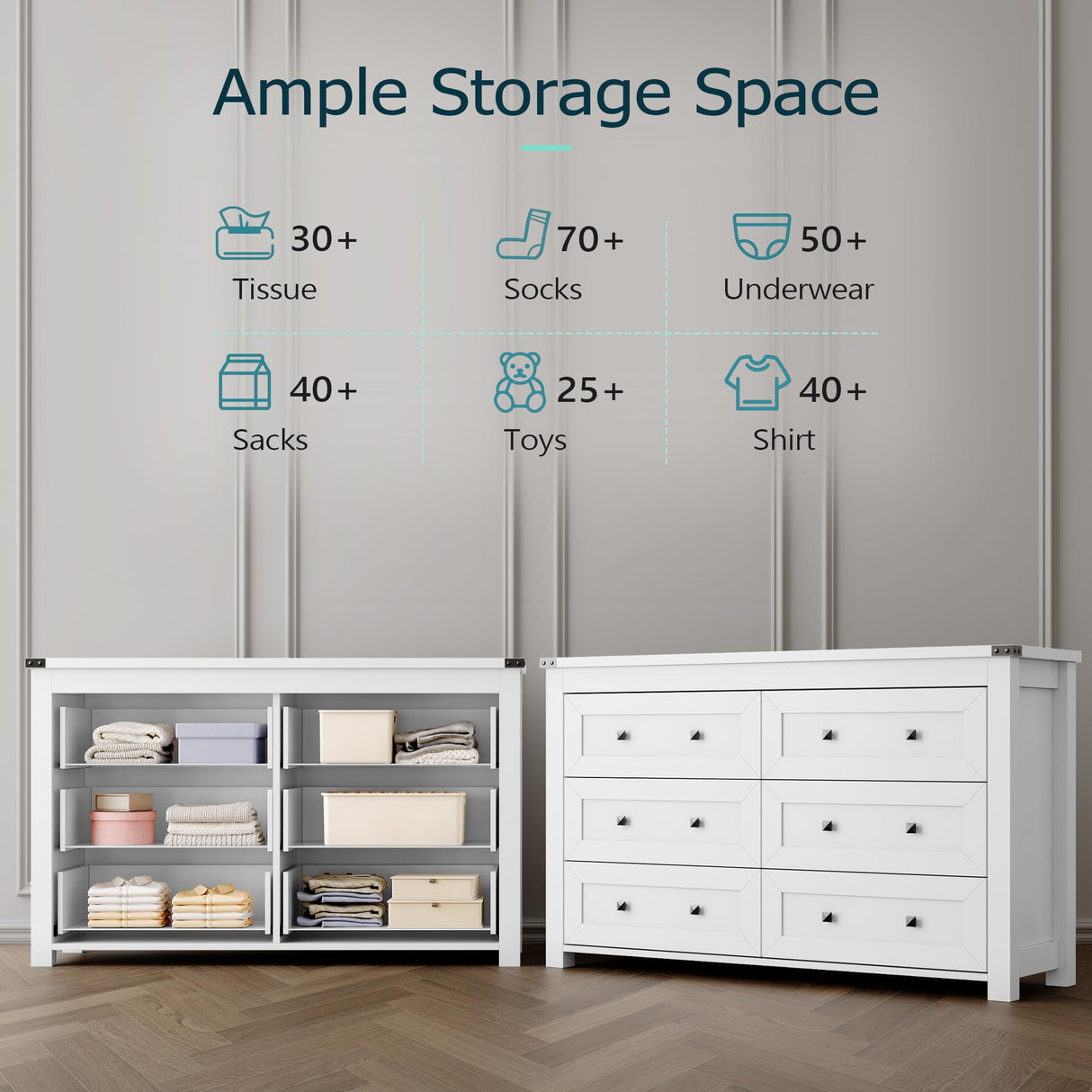 Dresser for Bedroom with 6 Drawers, Farmhouse Wood Chest of Drawers, Wide TV Stand Closet Storage Furniture with Metal Handle, Modern Clothes Organizer for Hallway, Living Room, Entryway, White Xixini