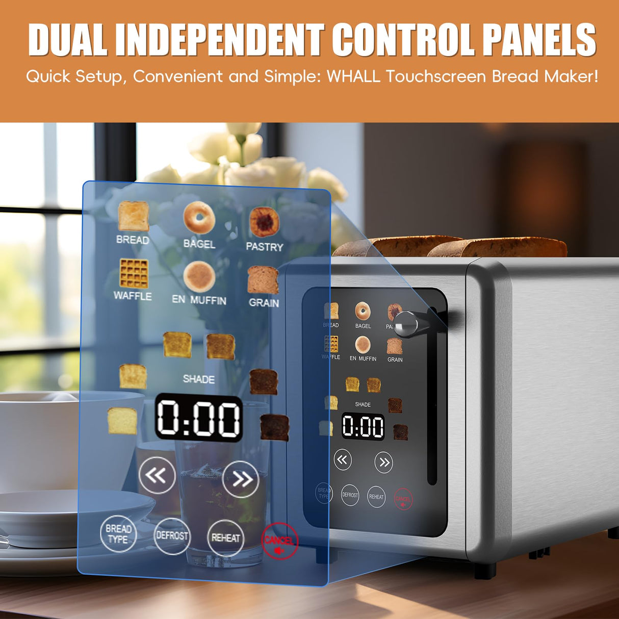 WHALL Touch Screen Toaster 2 Slice, Stainless Steel Digital Timer Toaster with Sound Function, Smart Extra Wide Slots Toaster with Bagel, Cancel, Defrost (silver) whall