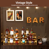 Nuovoware LED Lighted Liquor Bottle Display Shelf, 3 Step Wood Countertop Liquor Rack with Fences & Portable Handles, 12-Bottle Whiskey Rack Liquor Display Retro Wine Rack for Home Bar Party, Brown Nuovoware