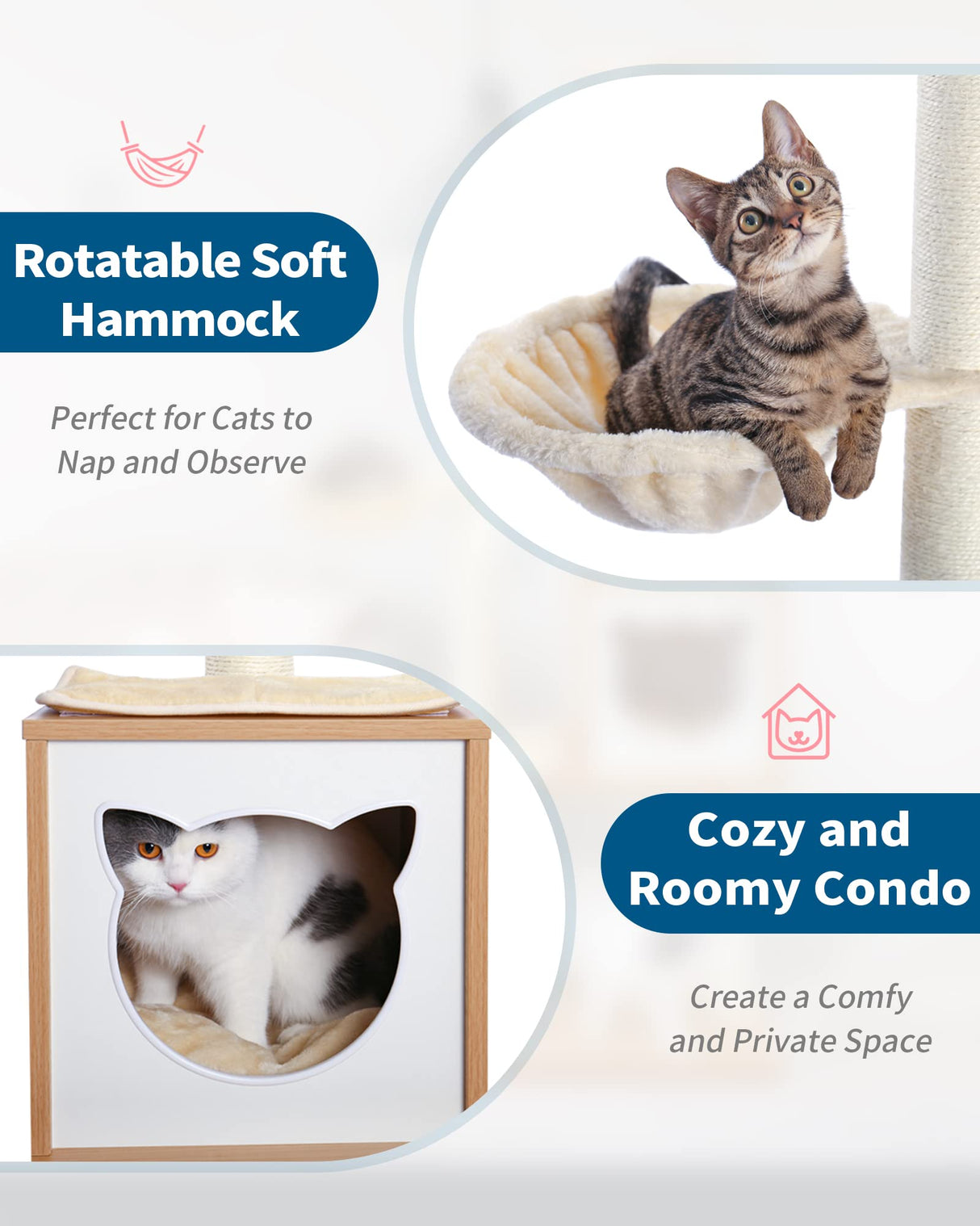 Made4Pets Cat Tree, Modern Cat Tree Tower for Indoor Cats - 65" Tall Wood Condo with Hammock, Scratching Post and Removable Pads for Small Large Cats MADE 4 PETS