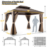 LAUSAINT HOME 10x12 ft Metal Gazebo with Nettings and Curtains for Patios, Waterproof Permanent Heavy Duty Double Hard Roofs Gazebos with Brown Aluminum Frame for Lawn, Party LAUSAINT HOME