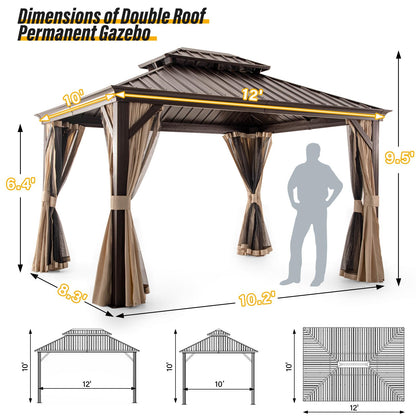 LAUSAINT HOME 10x12 ft Metal Gazebo with Nettings and Curtains for Patios, Waterproof Permanent Heavy Duty Double Hard Roofs Gazebos with Brown Aluminum Frame for Lawn, Party