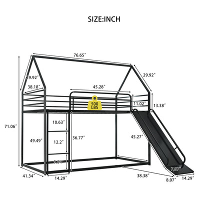 NKISHECK Twin Over Twin Bunk Bed with Slide, Junior House Low Bunk Bed Metal Bunkbeds with Ladder and Full-Length Guardrail for Girl, Boy, Floor Bunk Bed, No Box Spring Needed (Black)