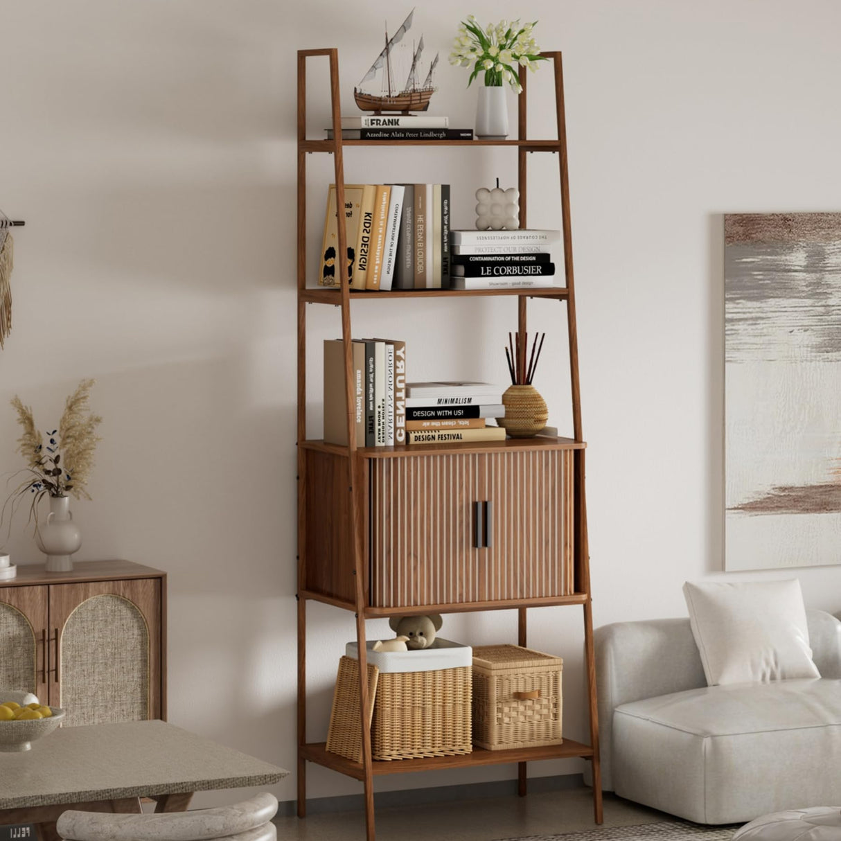 LUVIOHOME 4 Tier Bookshelf with Drawer,Tall Narrow Bookcase with Shelves, Wood and Metal Bookshelves Storage Organizer,Industrial Display Standing for Living Room, Home Office, Entryway (Walnut) LUVIOHOME