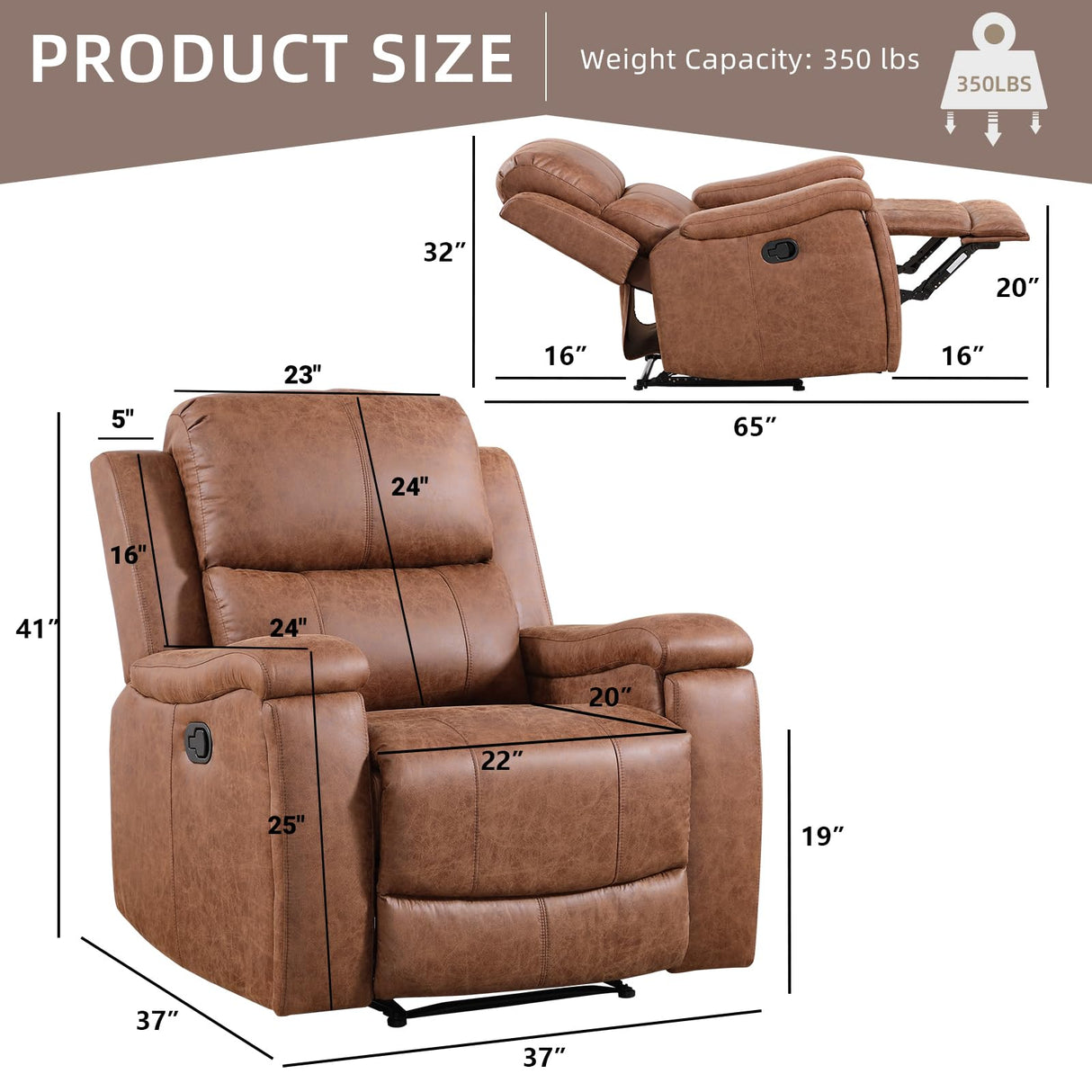 IOMOR Leather Recliner Chair, Manual Recliner Chair for Adults with Overstuffed Arms and Back, Single Sofa Recliner with Cup Holders for Living Room (1, Brown) IOMOR