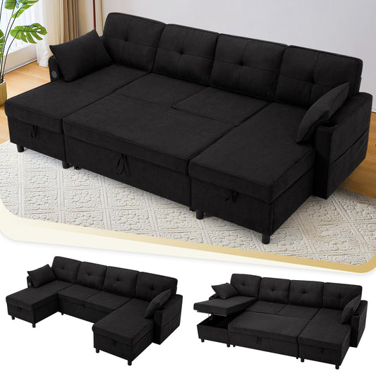 ACMEASE 108" U-Shaped Pull Out Sofa Bed w/Two Storage Chaises, Tufted Sectional Sofa w/USB Port, Fabric Sleeper Couch w/Cup Holders for Living Room, Black