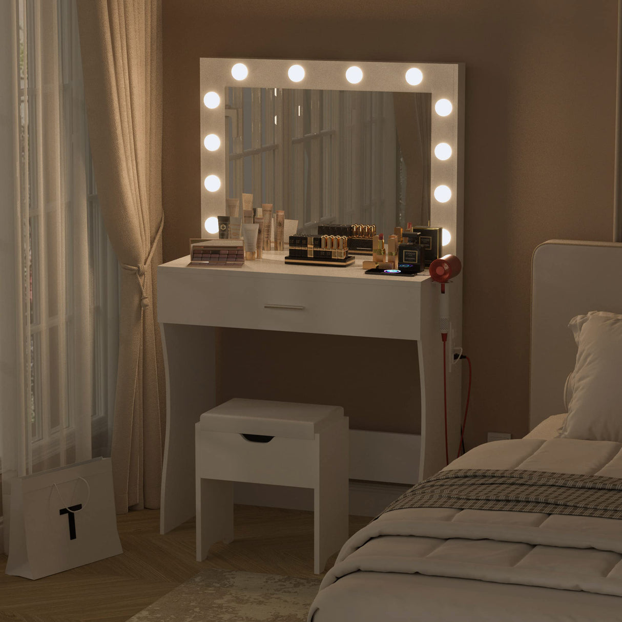 Titoni Vanity Table Set with Lighted Mirror - Makeup Vanity with Charging Station, Large Drawer Sturdy Wood Vanity with Lights, 3 Color Modes, Adjustable Brightness, White Titoni