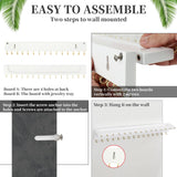 YYILIS Necklace Holder, Upgraded Extra Large Wall Necklace Organizer with 30 Hooks Wall Mounted Necklace Hanger with Jewelry Tray/Cosmetics Shelf Rustic Pine Wood Holder (White) YYILIS