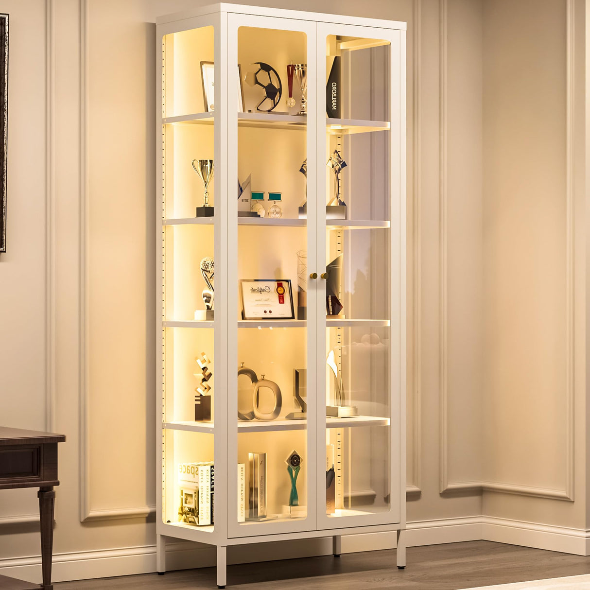 Lucky Monet 5-Tier Display Cabinet with 12 Color Lights & Glass Doors, 67" Lighted Curio Cabinet with Adjustable Shelves, Glass Metal Display Case for Collectibles Figures China (White) Lucky Monet