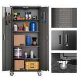 Aobabo 72" H Metal Storage Cabinet with Wheels for Garage, Locking Metal Storage Cabinet with 4 Shelves and 2 Pegboards, Rolling Tool Storage Cabinet on Wheels, Black, Assembly Required Aobabo