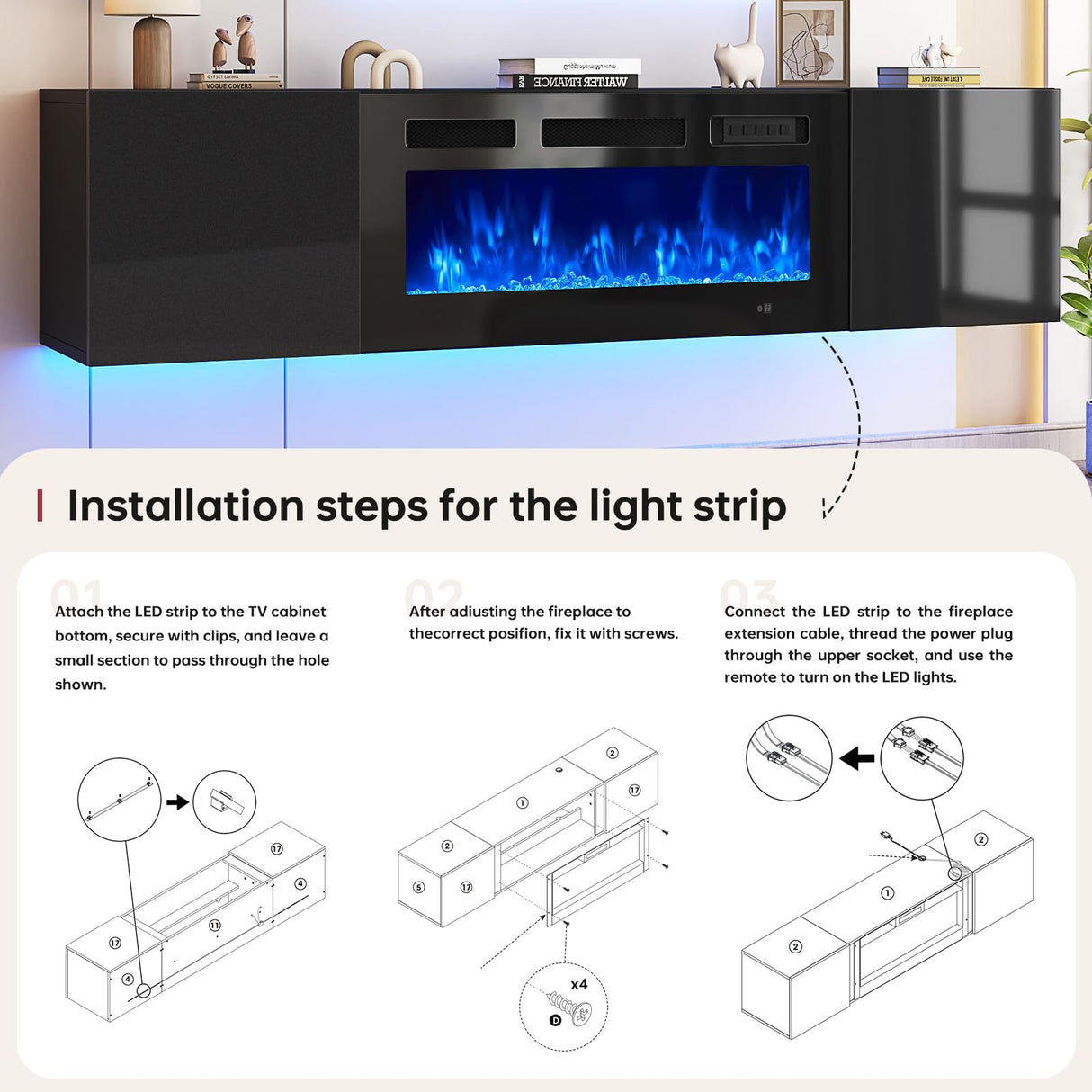 oneinmil 70" Floating TV Stand with 36" Electric Fireplace, Wall Mounted Fireplace Entertainment Center with Storage, Fire Place TV Console with, All Black oneinmil