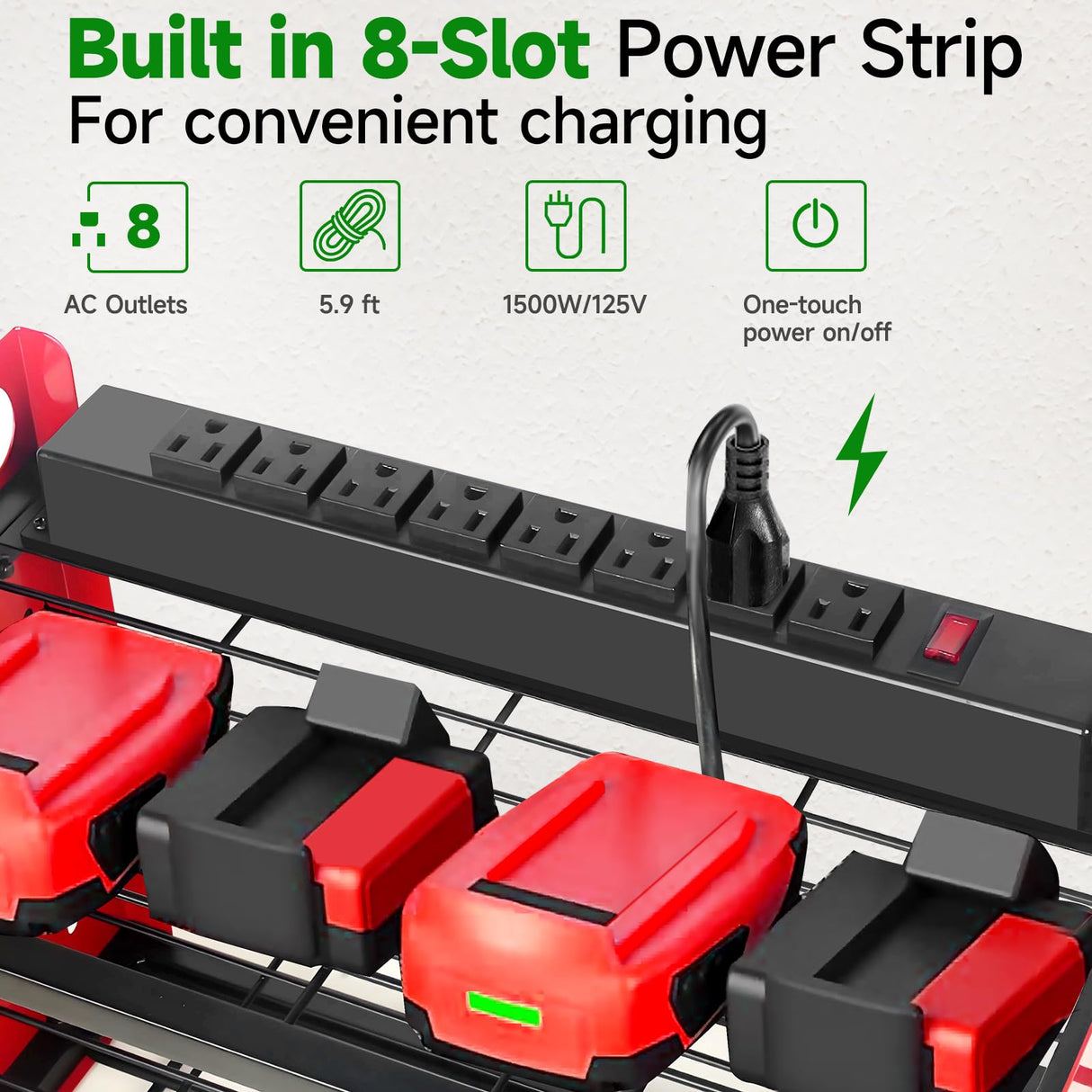 NRCUWI Garden Power Tool Organizer, Heavy Duty Tools Storage Rack Wall Mount with Charging Station, 3 Layers Yard Tool Shelf Drill Holder for Ryobi Tools - Ideal for Garage, Workshop NRCUWI