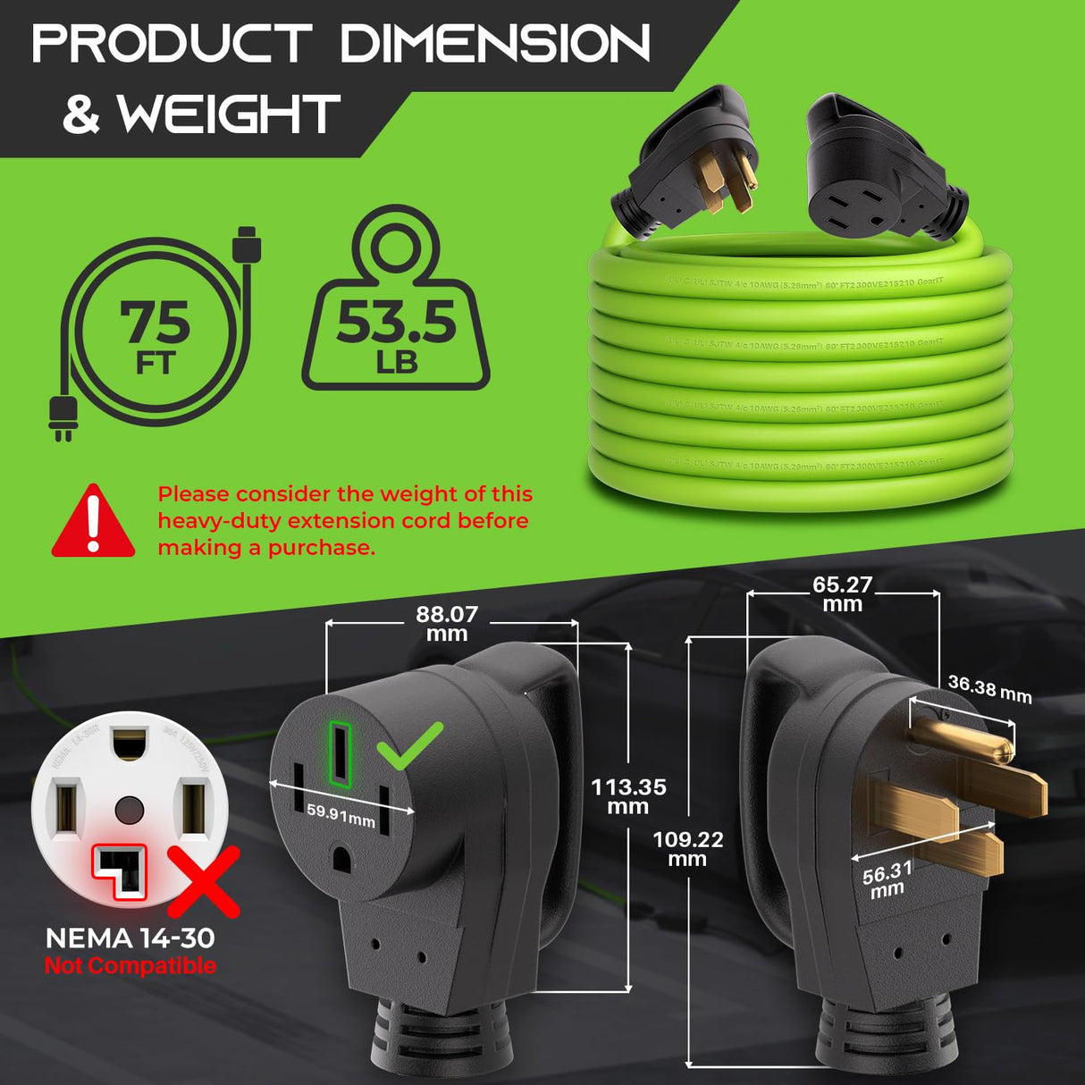 GEARit 50-Amp Extension Cord for RV and EV, 250-Volt, 4-Prong, Compatible with Tesla Model 3 Model Y Model X Model S, NEMA 14-50P to 14-50R 6/3, 8/1 STW AWG Gauge, Charging, Waterproof, 75 ft, Green GearIT