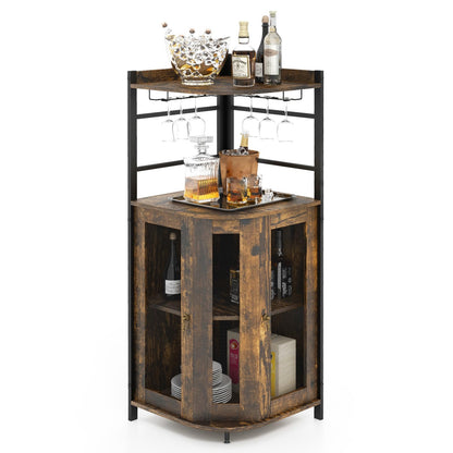 Giantex Corner Bar Cabinet with Glass Holder, Industrial Wine Cabinet with Metal Mesh Doors & Adjustable Shelf, Buffet Cabinet with Anti-tip Kit for Home Coffee Bar Bistro (Rustic Brown & Black)