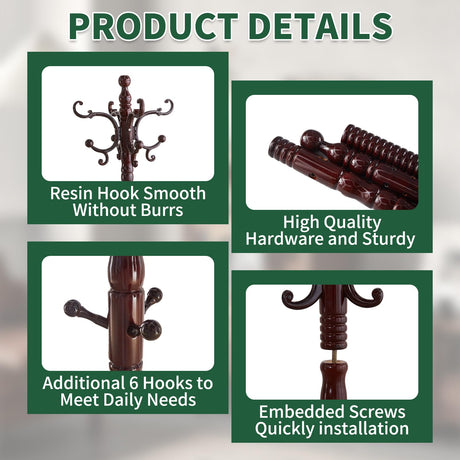 OIRUMIE Wood Coat Rack Stand, Wooden Coat Rack Freestanding with Sturdy Round Base, Coat Racks with 14 Hooks, Natural Birch Wood Entryway Coat Tree Hanger Stand Easy to Assemble OIRUMIE