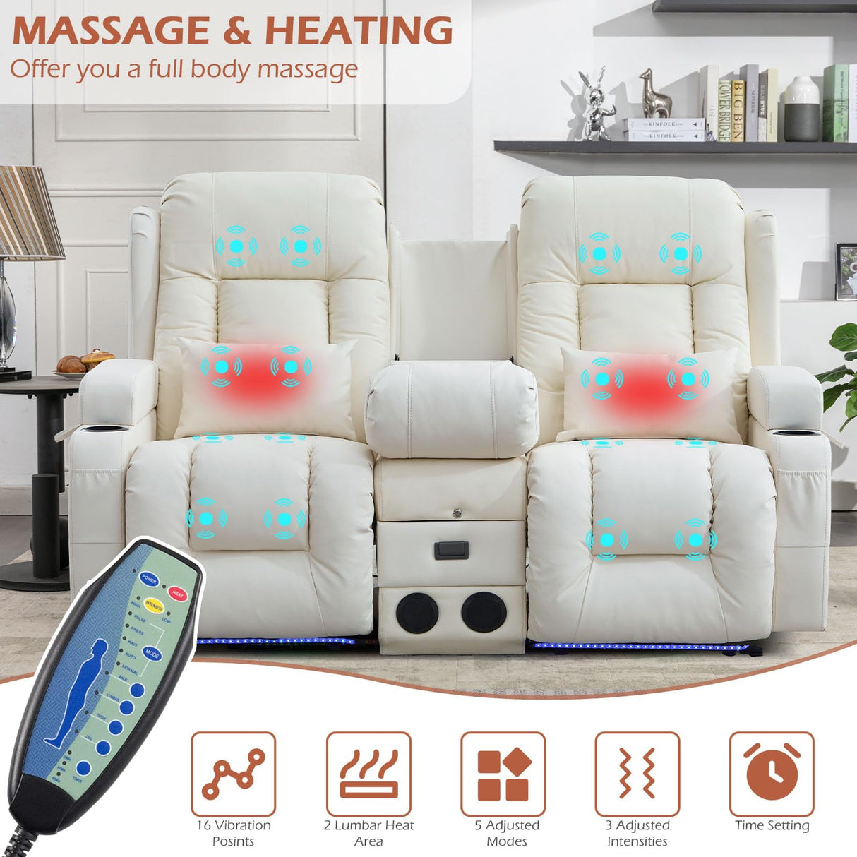 SENIFIS Loveseat Recliner Sofa, Leather Sofa with Massage & Heating, Home Theater Seating Power Reclining Loveseat with Outlet/LED Light/Cup Holders/Speaker/USB (Beige, Loveseat with Console) SENIFIS