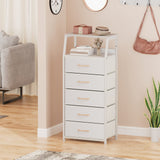 Furnulem White Dresser with 5 Drawers, Vertical Storage Tower Fabric Dresser for Bedroom, Hallway, Entryway, Nursery, Closet Organizer, Nightstand Bedside Table Furniture, Sturdy Steel Frame, Wood Top Furnulem