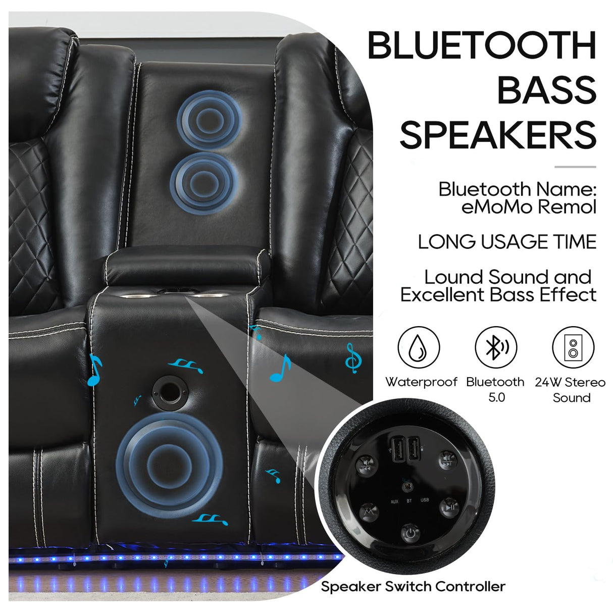 Power Recliner Sectional Sofa with Bass Speaker,Wireless Charger,Electric Reclining Sectional Sofa with 2 Faux Leather Recliner,LED Strip,Reading Light,Type-C USB Port,Cup Holder,Storage Console Black Comfort Stretch