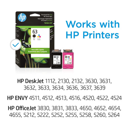 HP 63 Black/Tri-color Ink Cartridge (2-pack) | Works with HP DeskJet 1112, 2130, 3630 Series; HP ENVY 4510, 4520 Series; HP OfficeJet 3830, 4650, 5200 Series | Eligible for Instant Ink | L0R46AN