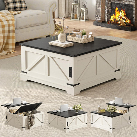 Vabches 31.5" Lift Top Coffee Table with Storage, Farmhouse Square Coffee Tables for Living Room, Center Table with Charging Station and Hidden Space, White Vabches