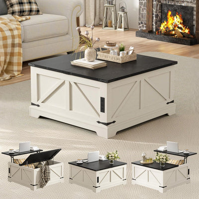 Vabches 31.5" Lift Top Coffee Table with Storage, Farmhouse Square Coffee Tables for Living Room, Center Table with Charging Station and Hidden Space, White