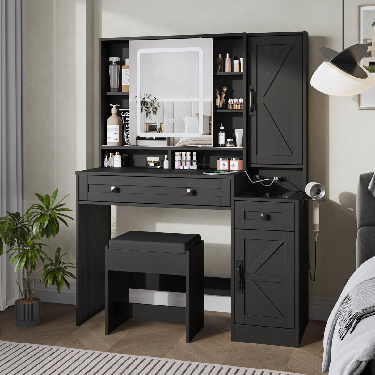 Fameill Vanity Desk with Mirror and Lights, Makeup Vanity Desk with Power Outlet, 2 Drawers & Storage, Vanity Table with Chair & Jewelry Cabinet, for Bedroom (Black) Fameill