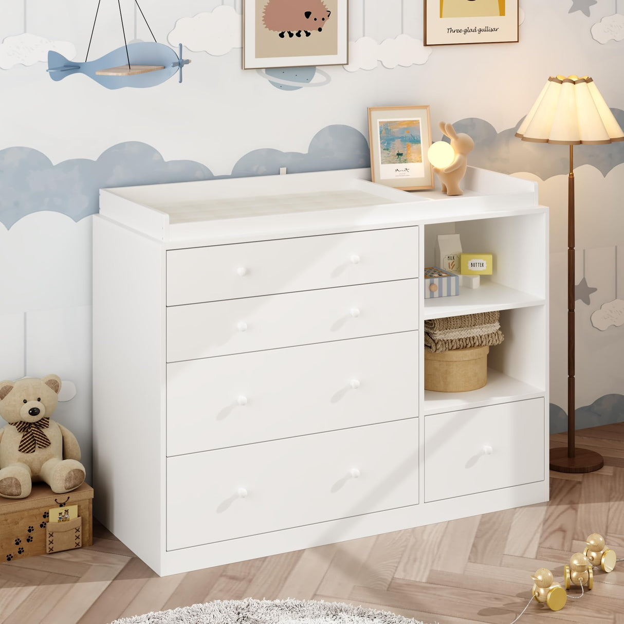 ROMSHINE Nursery Dresser with Baby Changing Table, Diaper Changing Tables for Nursery with 5 Drawers & Shelves, Changing Station Nursery Organizer for Bedroom, White (47.6" W x 19.7" D x 36.1" H) ROMSHINE