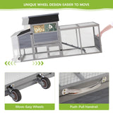 COZIWOW 82" Large Wooden Chicken Coop, Outdoor Rabbit Hutch with Wheels, Sunshine Board, Asphalt Roof, Ramp, Openable Top, Door, Window, Pull-Out Tray, Indoor Bunny Cage (Gray with Pattern) COZIWOW