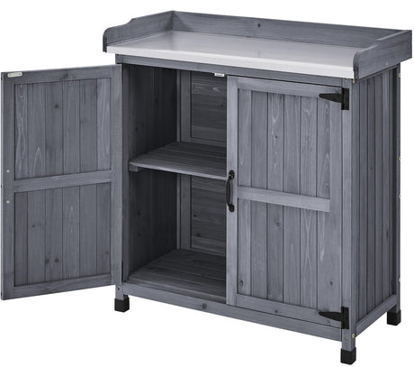 Topeakmart Potting Bench Table - Wooden Storage Cabinet with Removable Shelf & Flexible Space & Metal-Plated Tabletop for Outdoor Garden Patio, Gray Topeakmart