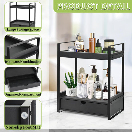Ukonvi 2-Tier Bathroom Organizer Countertop with Drawer, Wood Counter Shelf for Storage, Vanity Tray for Organization and Decor, Countertop Organizer for Bathroom, Kitchen, Office (Black) Ukonvi