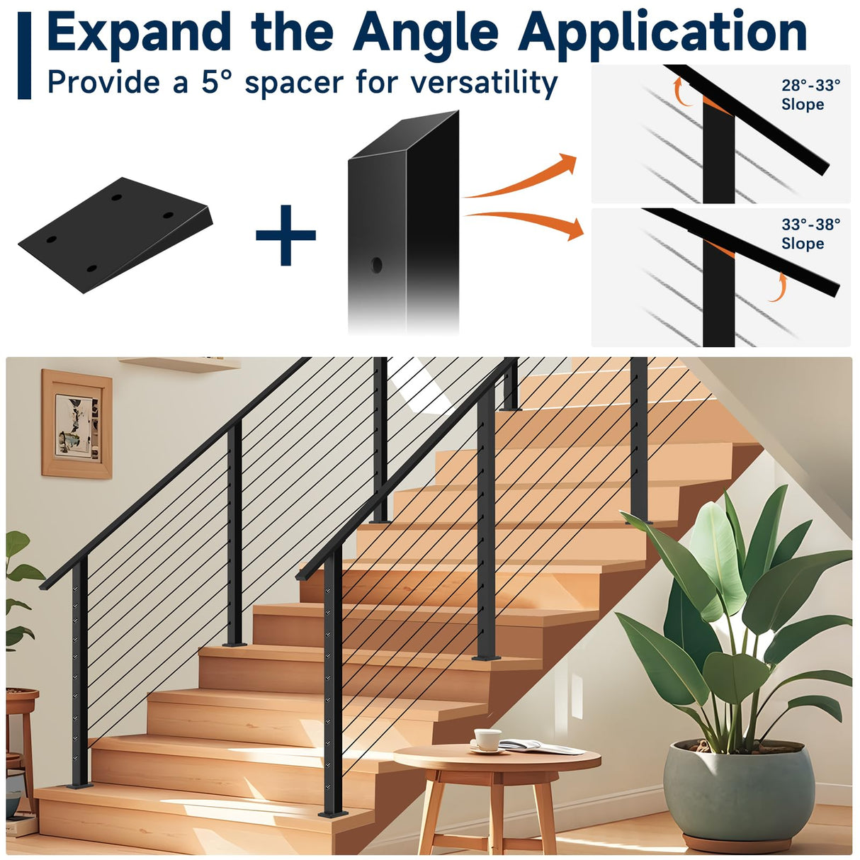 Gyykzz 2 Pack One-Stop Stair Cable Railing Post Kit, 36" Slant Fixed Top Stair Post with 5-Degree Spacers, Stair Railing System Including 2 Stair Post, 125ft Cable, 10 Sets Terminal, 60 Cable Grommets Gyykzz
