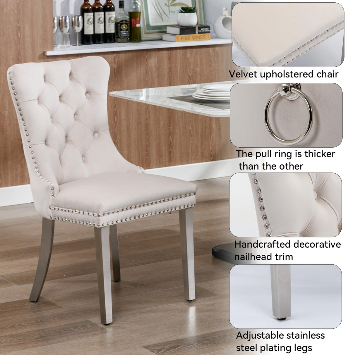 KUVADAZ 63"-78.74" White Faux Marble Extendable Dining Room Table Set for 8, 9-Piece Dining Table Set with 8 Chairs, Rectangle Wooden Expanding Kitchen Table and Beige Upholstered Chairs Set KUVADAZ