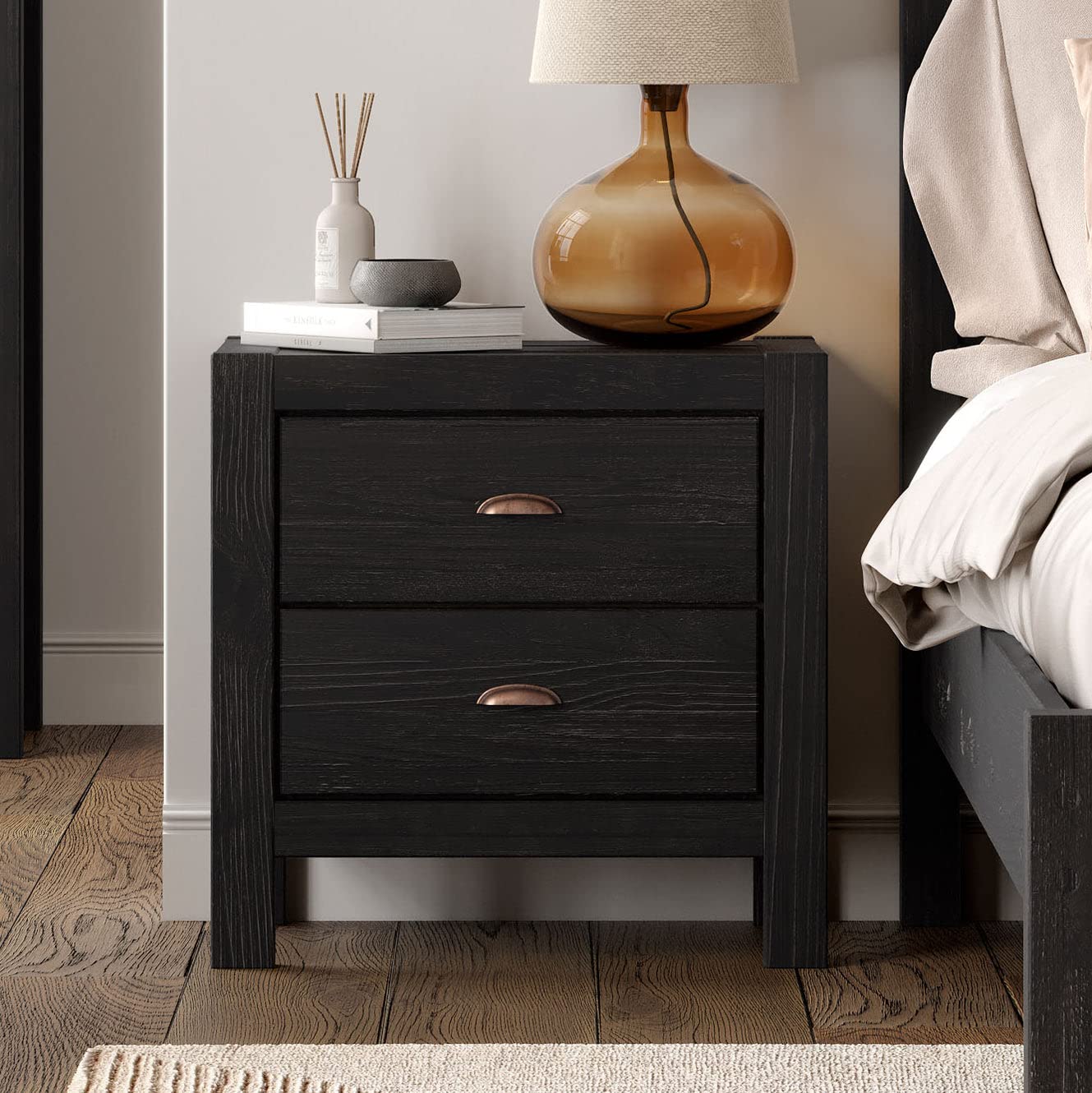 Grain Wood Furniture Montauk 2-Drawer Bedside Nightstand, Solid Wood with Farmhouse Black Finish - WoodArtSupply