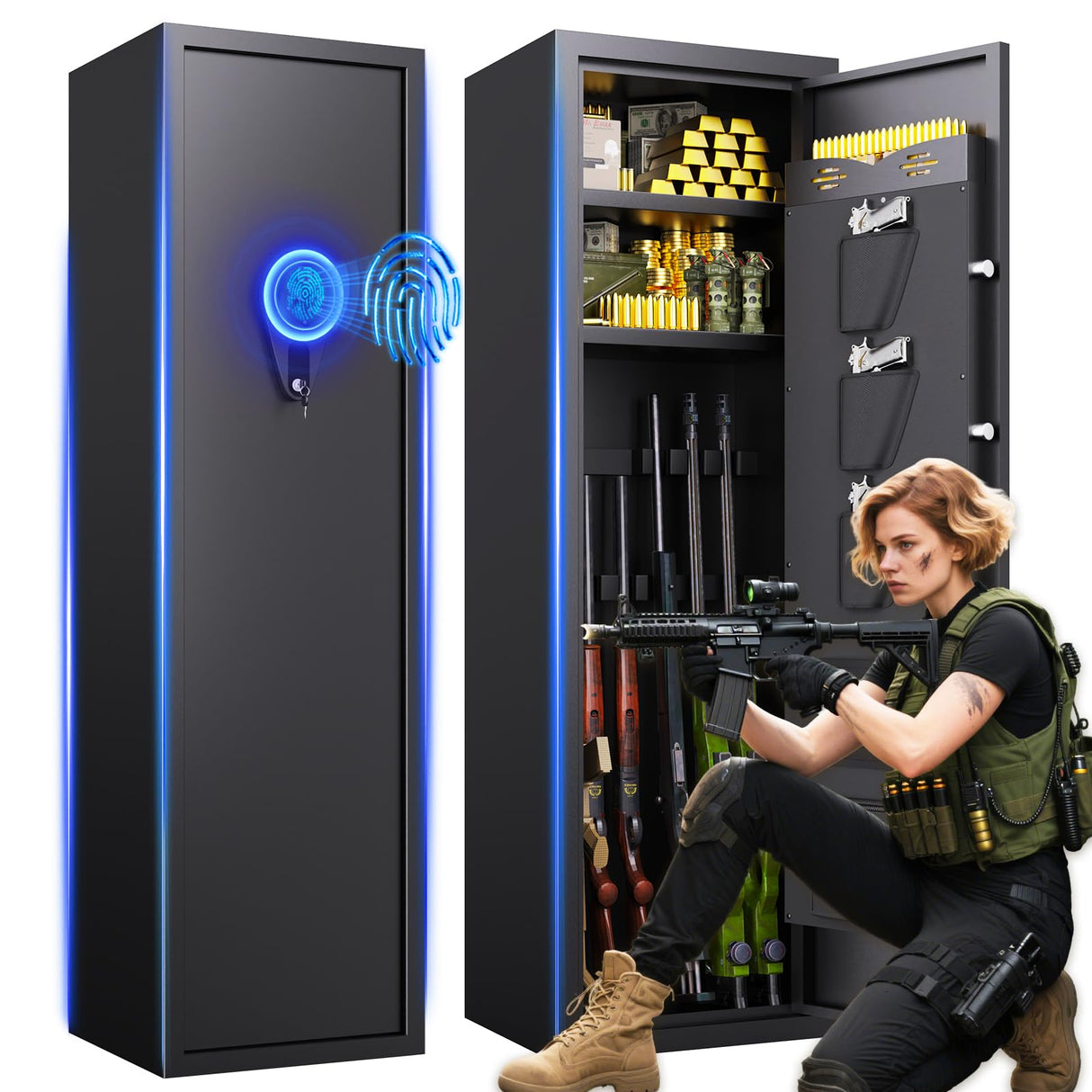 8-12 Gun Safe for Rifles and Pistols,Biometric Fingerprint Lock,No Assembly Required,Fireproof Gun Safe for Home with Removable Gun Shelf,Alarm System,Silent Mode (57"H × 12"D × 14"W) ZZXCBB