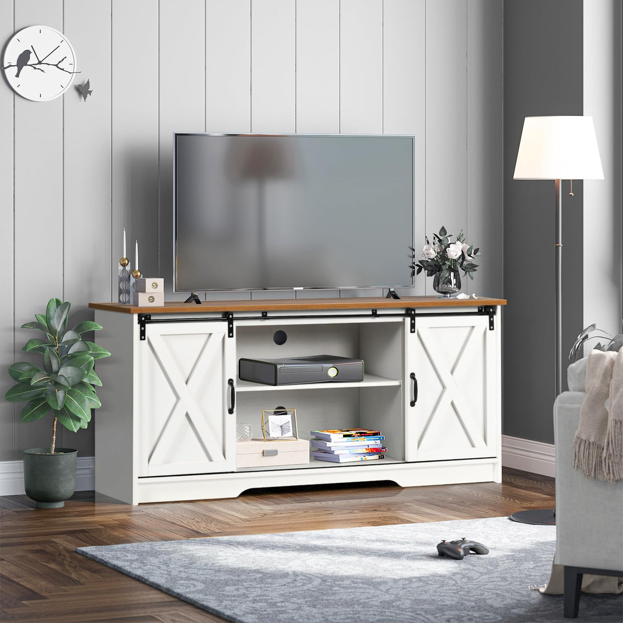 4 EVER WINNER White TV Stand for 65 inch TV for Living Room, Modern Farmhouse Barn Door TV Stand with Storage Cabinets and Adjustable Shelves for Bedroom, Media Entertainment Center TV Console Table 4 EVER WINNER