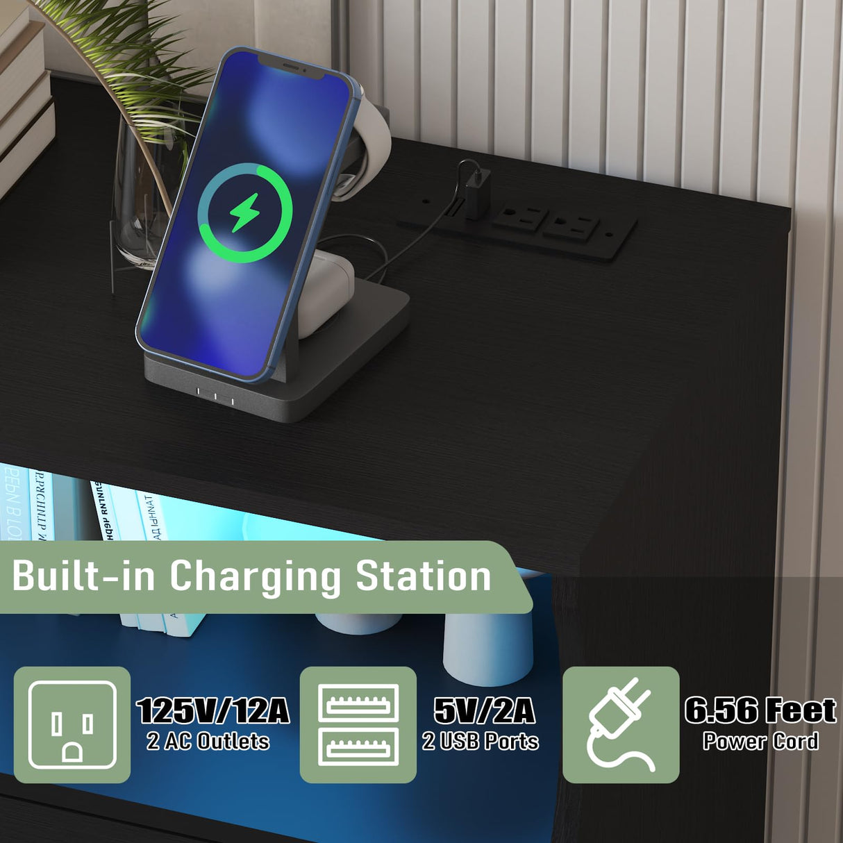 Black Dresser for Bedroom with 8 Drawers, 55 Inch Tall Wood Bedroom Dresser with Charging Station & LED Lights, Large Modern Dressers & Chest of Drawers for Bedrooms, Living Room, Hallway, Entryway Patikuin