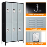 Anxxsu Metal Locker with 6 Doors Employees Locker, Metal Storage Locker with Hooks, 71" Storage Cabinet Lockers for Employees, Home, Office, Gym Requires Assembly (6 Doors, Black Grey) Anxxsu