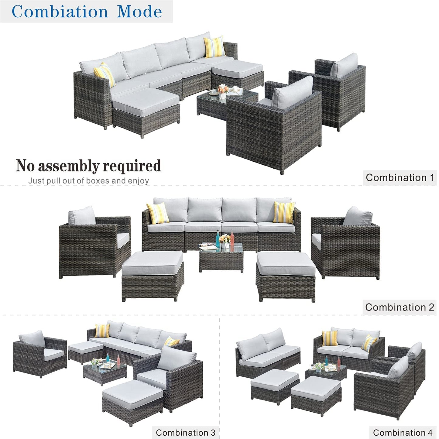 ovios Patio Furniture Set 9 Pieces Outdoor Conversation Set All Weather Wicker Rattan Sectional Sofa Sets with Patio Chairs Fully Assembled Furniture, Big Size, Grey Wicker, Grey - WoodArtSupply