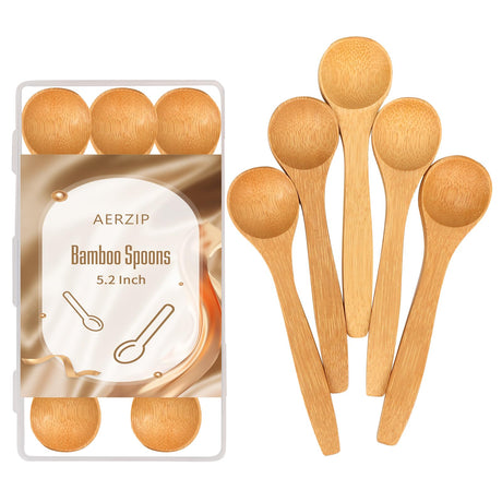 5.2 Inch Bamboo Spoons, Small Wooden Spoons for Condiments, Spices, Sugar, Salt, Jam, Coffee, Hrbs and Honey, Tiny wood Teaspoons for Serving Kitchen (5 PCS) aerzip