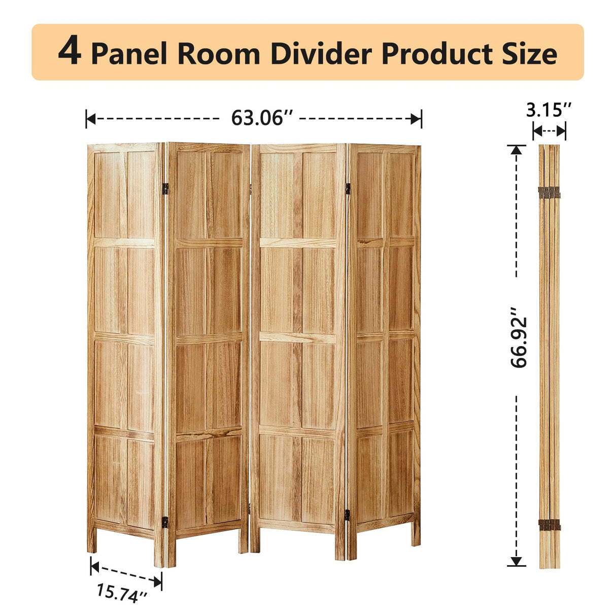 Asnefeli 4 Panel Room Divider, 5.6 FT Folding Privacy Screen Room Divider, Partition Divider for Room Separation, Room Partition Separator, Wooden Wall Divider Screen for Home Office Bedroom (Natural) Asnefeli
