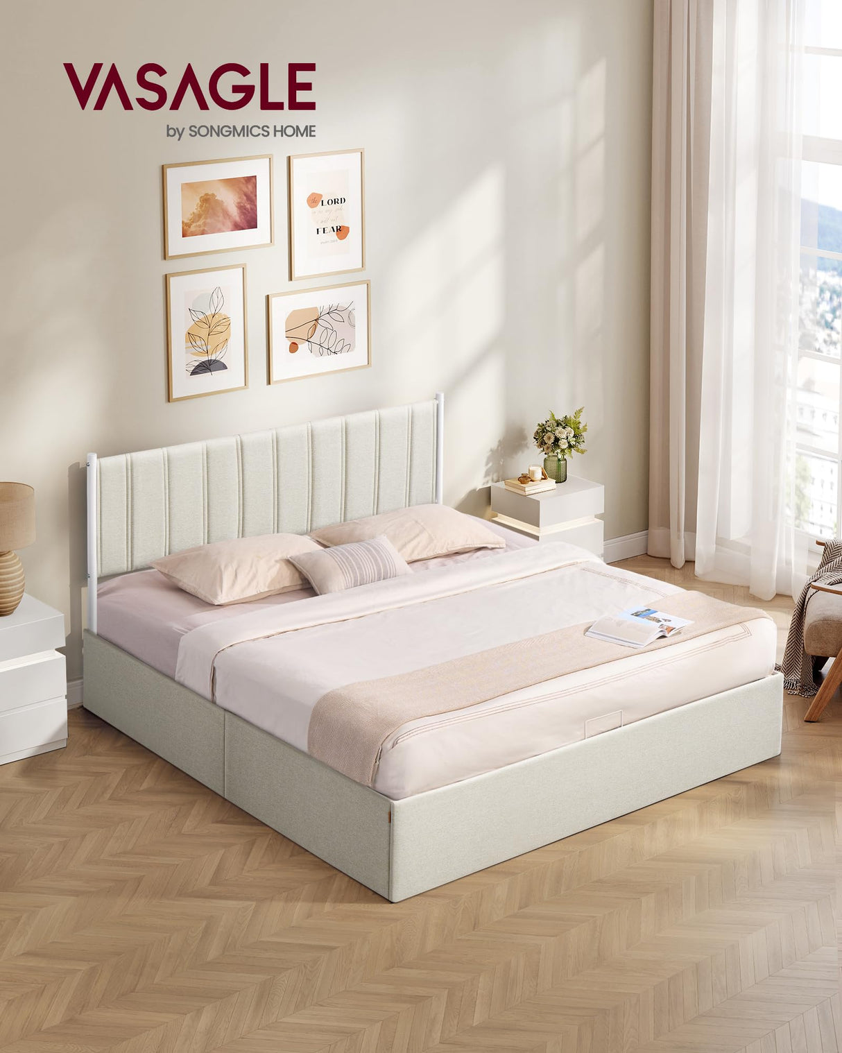 VASAGLE Lift Up Storage Bed Frame King Size, Hydraulic Platform Bed, with Upholstered Headboard, 1100 lb Weight Capacity, No Box Spring Needed, Easy Assembly, Modern, Cappuccino Beige URMB604W01V1 VASAGLE