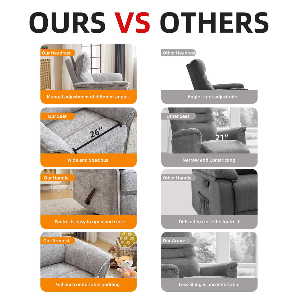 Rhevoy Oversized Glider Rocker Recliner, 26" Extra Wide 360° Swivel Nursery Recliner with Adjustable Headrest, Chenille Rocking Nursery Chair with Overstuffed Armrest, Lumbar Support, Light Grey Rhevoy