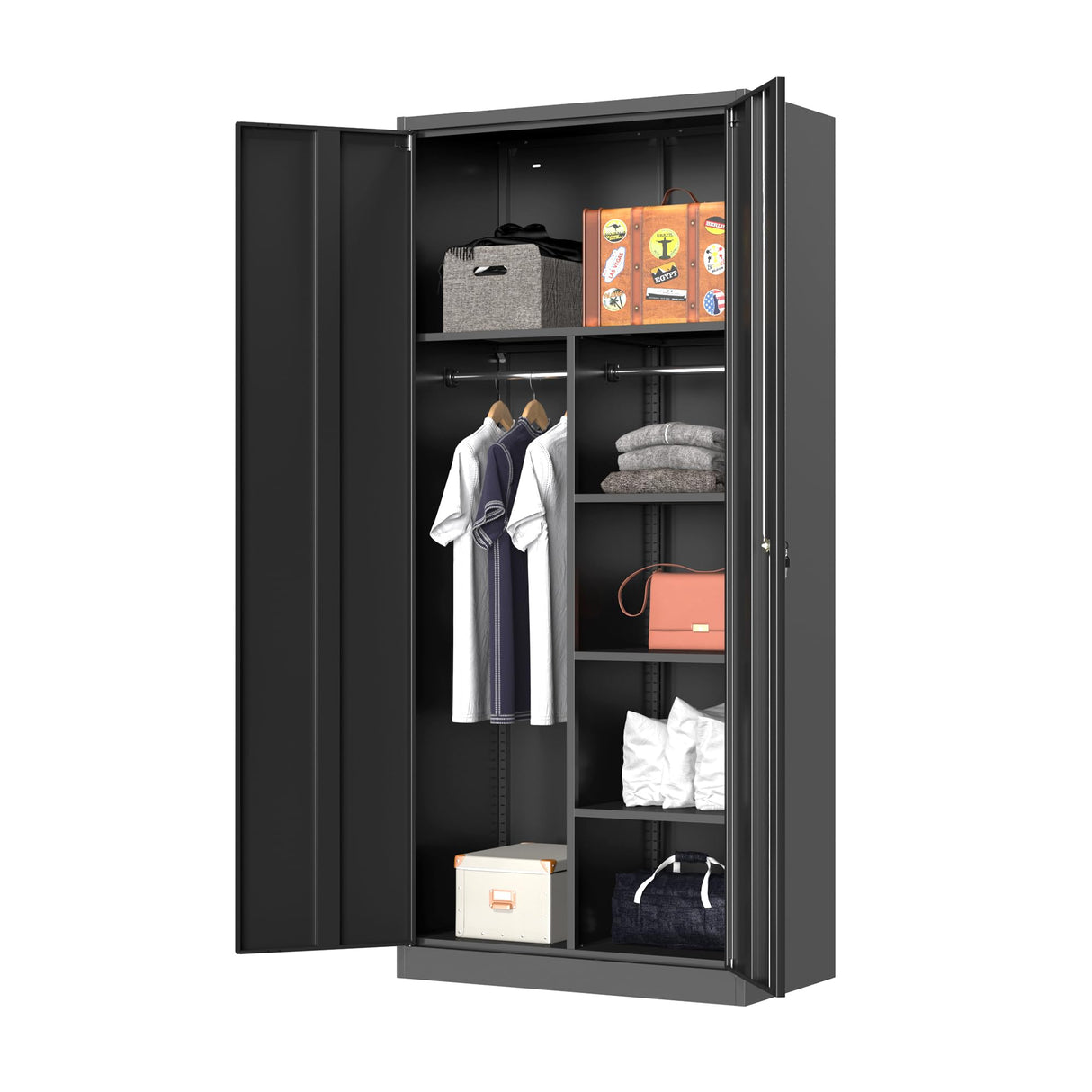 Coolsun Metal Wardrobe Closet with Locking Doors, 71" Steel Storage Cabinet for Hanging Clothes, Lockable Wardrobe Cabinet with Adjustable Shelves and Hanging Rods for Home Office,Gym Coolsun