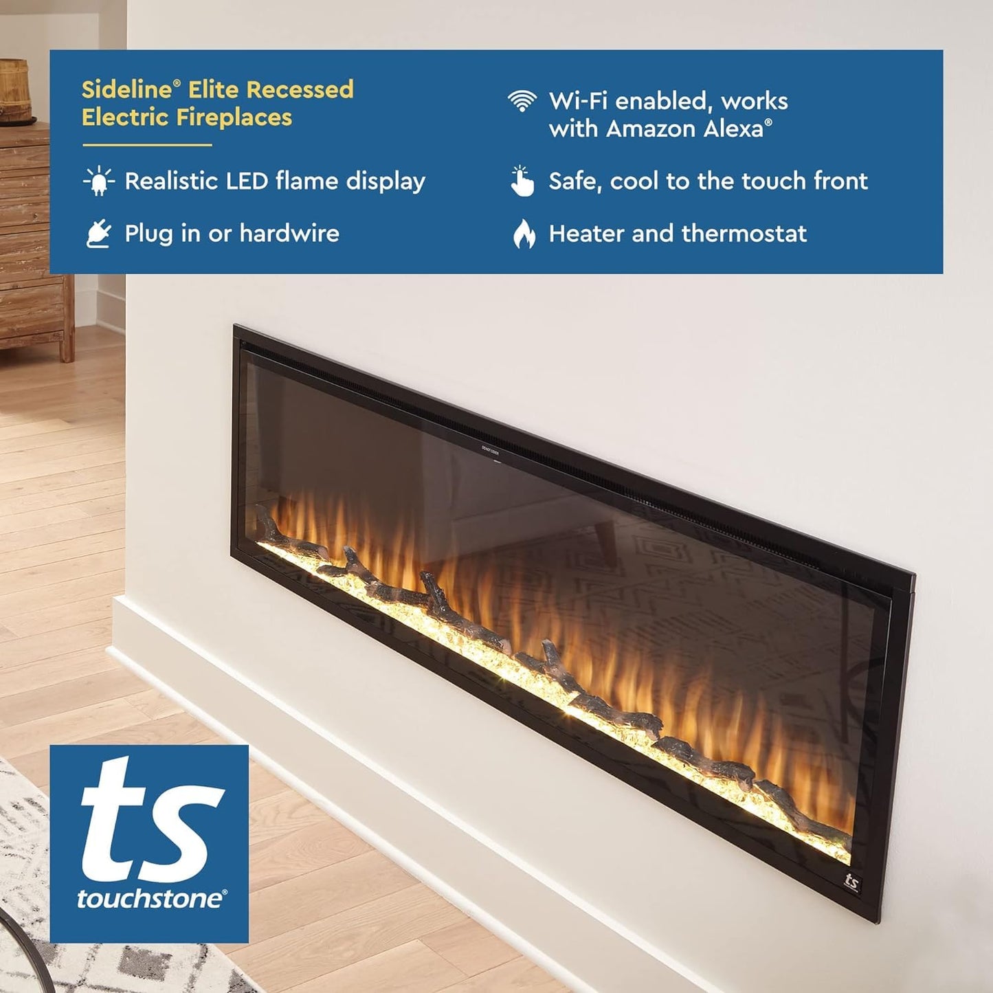 Touchstone Sideline Elite Smart 60” WiFi-Enabled Electric Fireplace - in-Wall Recessed - 60 Color Combinations - 1500/750 Watt Heater (68-88°F Thermostat) - Black - Log, Crystals & Driftwood - 80037