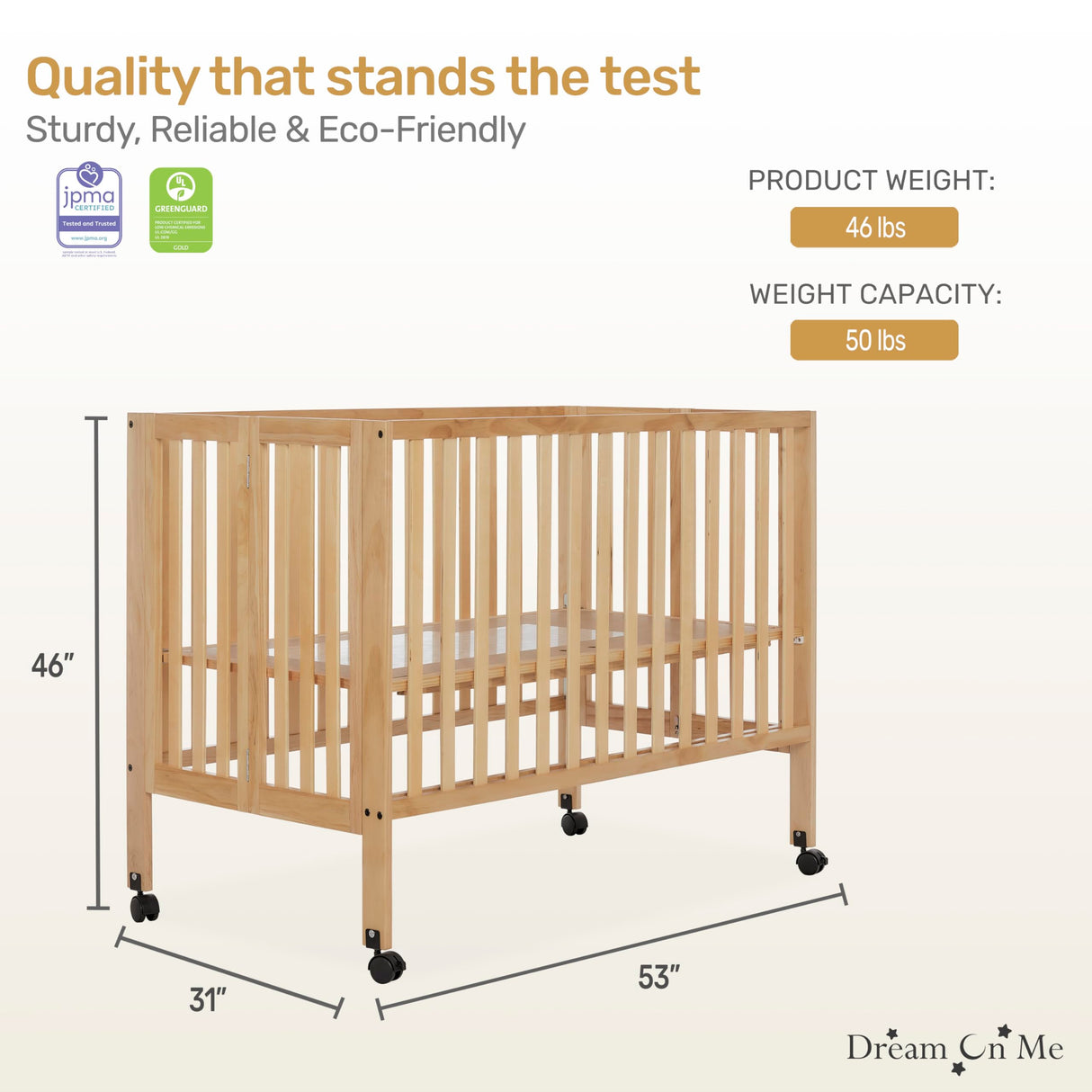 Dream On Me Quinn Full-Size Folding Crib in Natural, Removeable Wheels, Modern Nursey, Adjustable Mattress Support, Portable Crib, Patented Folding System Dream On Me